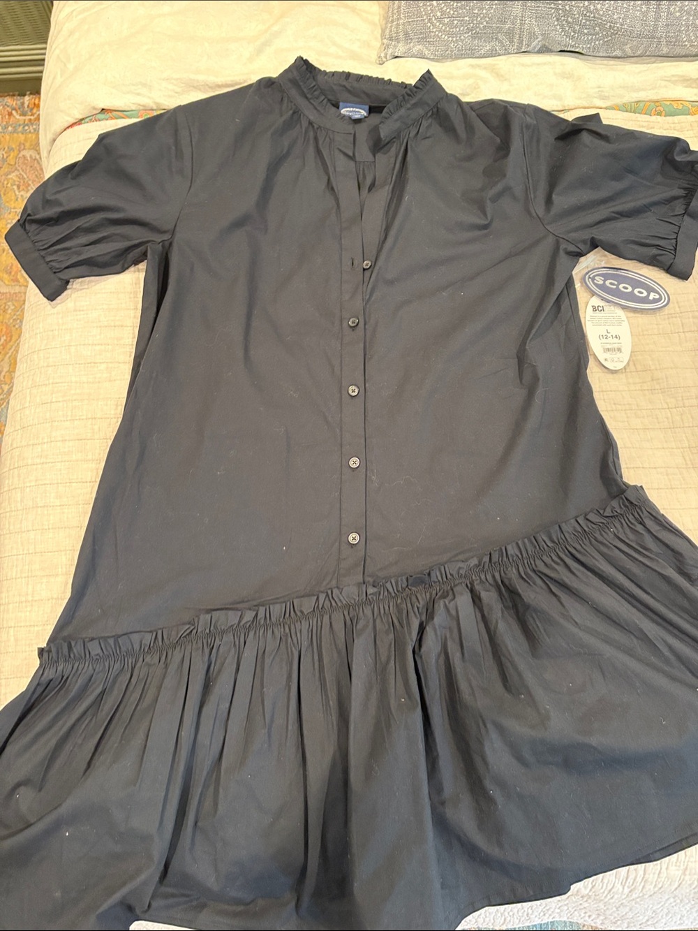 Scoop Black Button-Front Ruffle Hem Dress